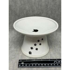 Necoichi Raised Cat‎ Food Bowl White Ceramic Paw Print Happy Dining Kitten